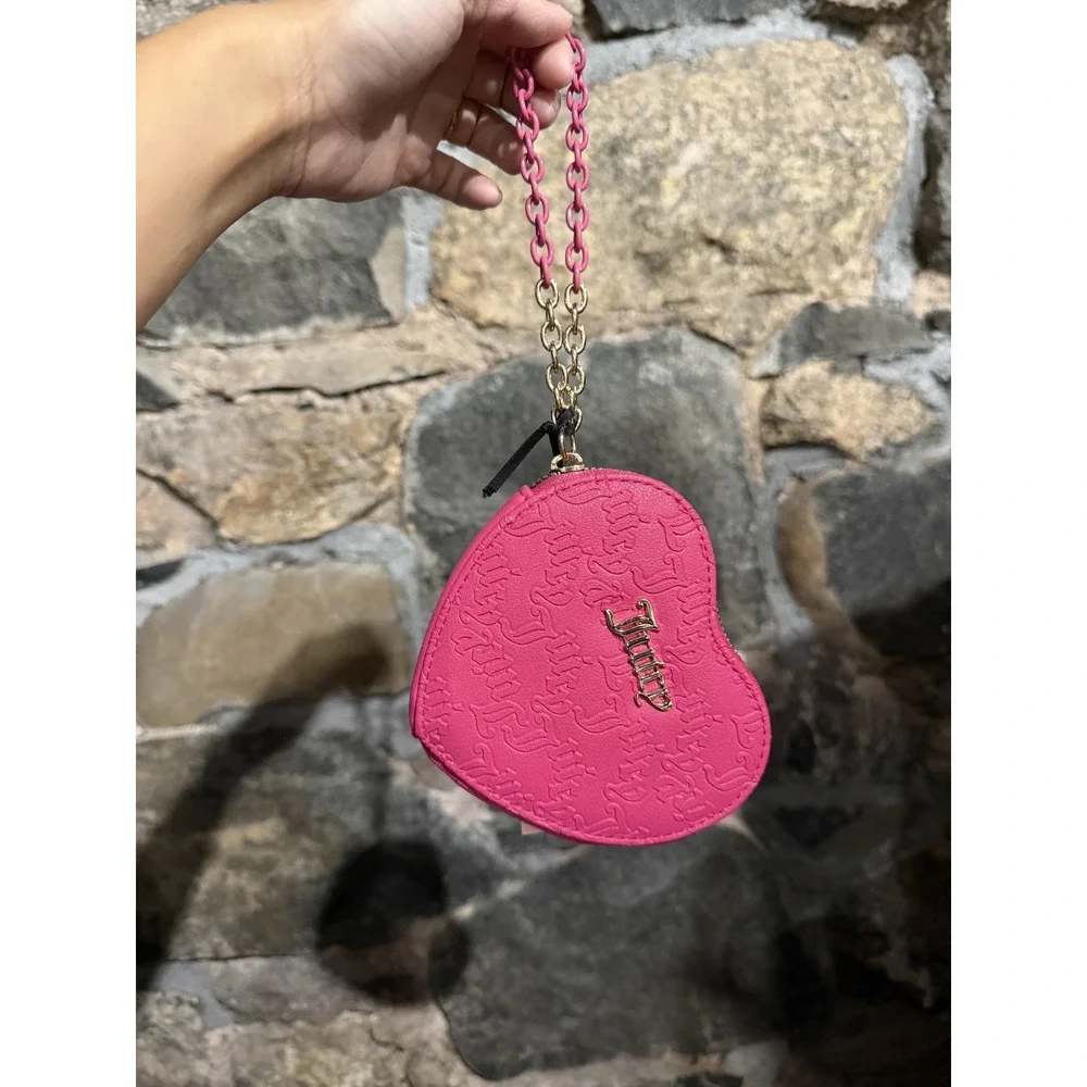 Juicy Couture Can't Tame Her Heart Pink Flash Embosse Zip-Around Chain Wristlet